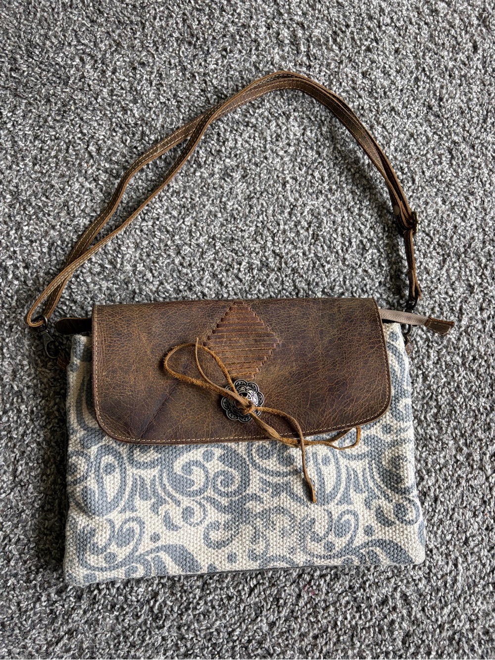 Myra Bag Brown Leather-Trim Crossbody with Cream and Blue Pattern